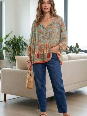 Love Kyla Boho Floral Paisley Blouse Turquoise Orange Tassels XL 0408